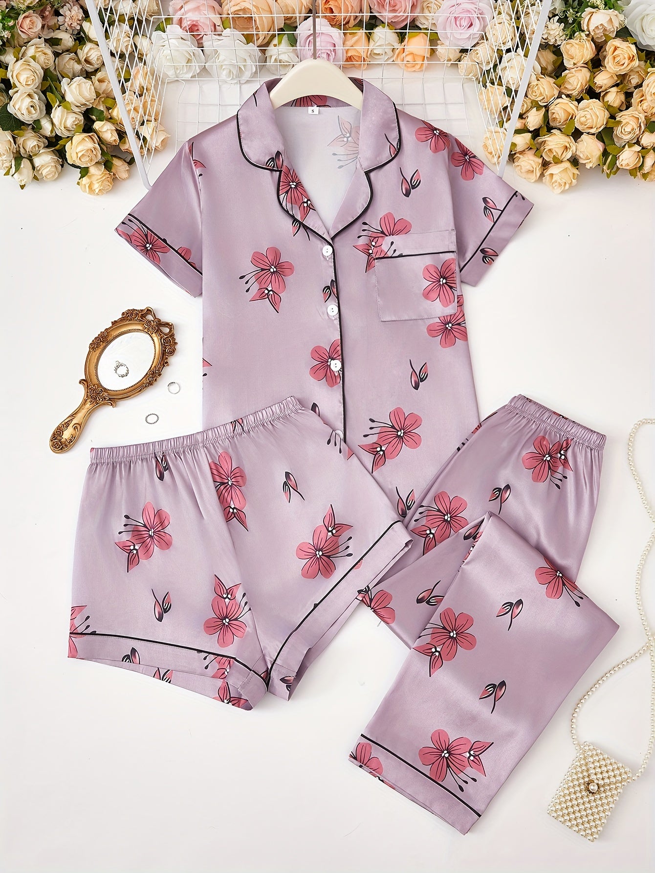 Cherry Blossom & Beer Print 3Pcs PJ Set ( Combo of 2)