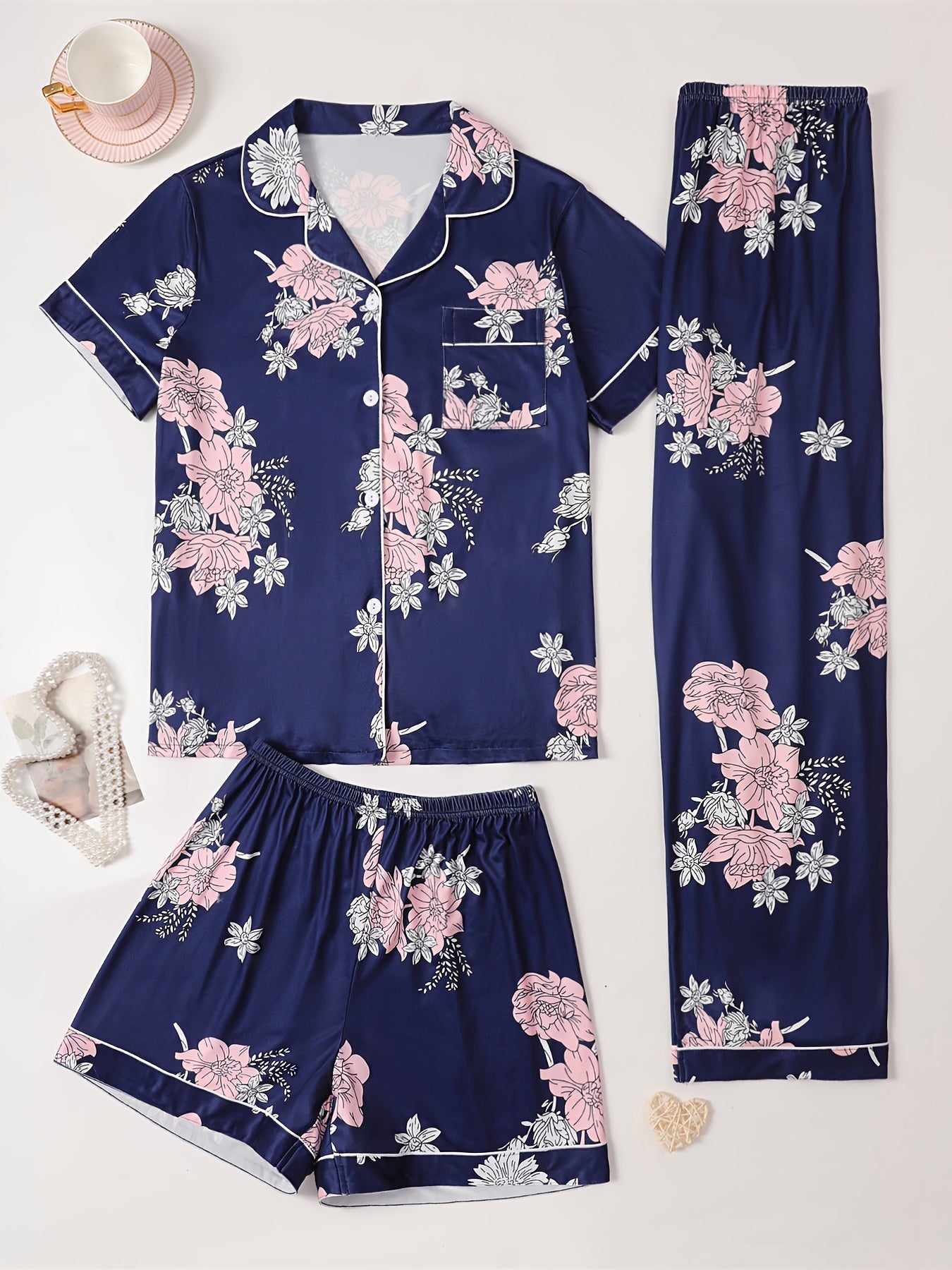 Cherry Blossom & Floral Print 3Pcs PJ Set ( Combo of 2)