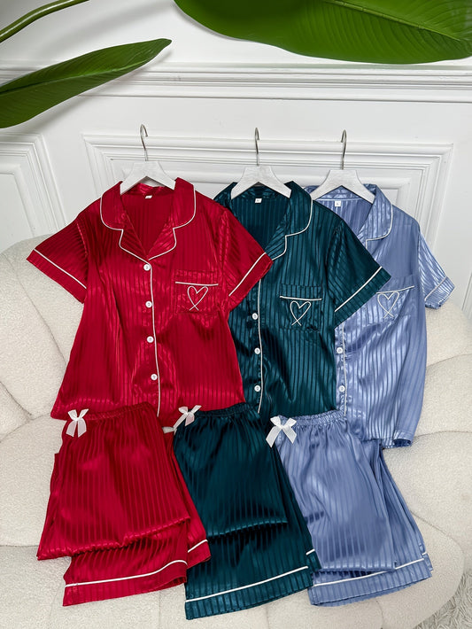 Heart-Embroidered Striped Satin Pajama Set (Combo of 3 Packs)