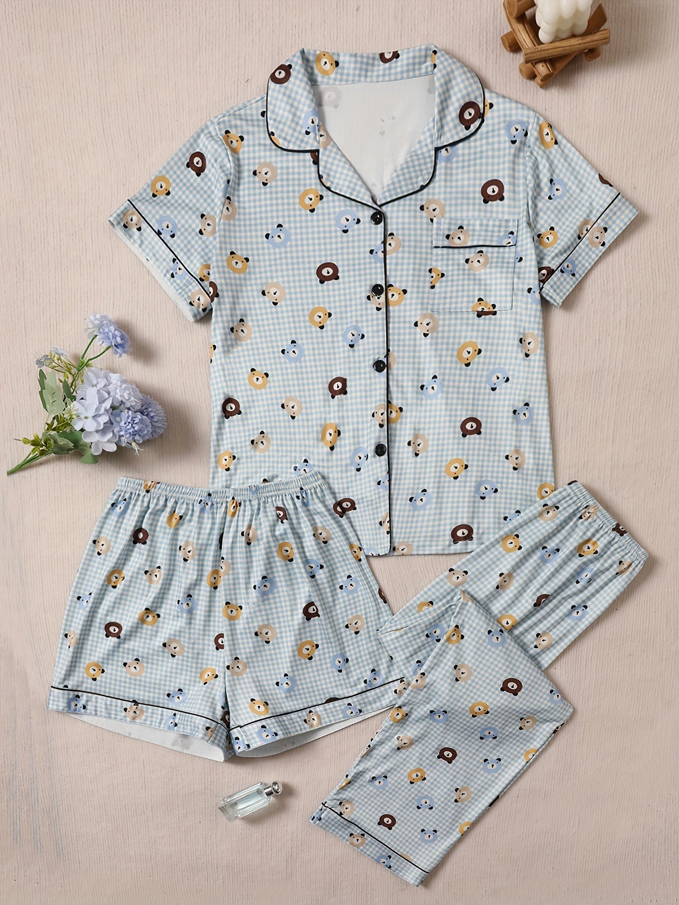 Chic Floral & Bear Plaid Print 3Pcs PJ Set ( Combo of 2)