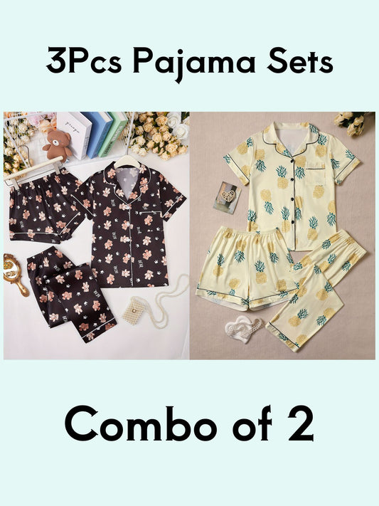 Beer & Pineapple Print 3Pcs PJ Set ( Combo of 2)