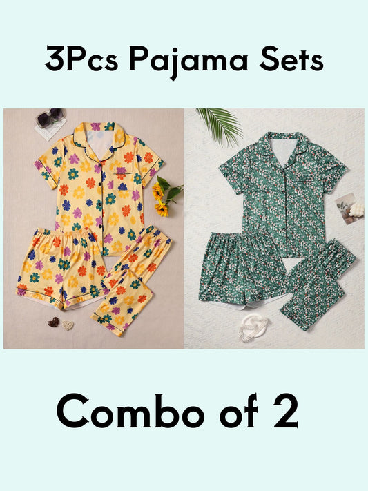 Ditsy & Floral Print 3Pcs PJ Set ( Combo of 2)