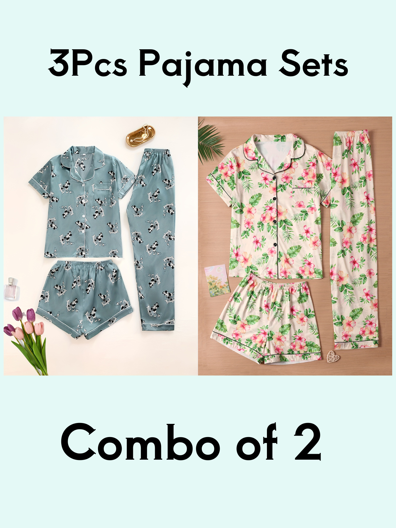 Cartoon Mouse & Floral Print 3Pcs PJ Set ( Combo of 2)