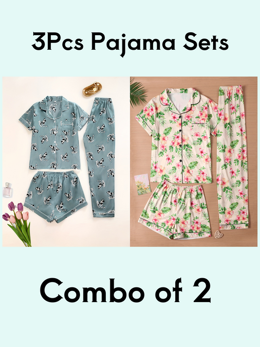 Cartoon Mouse & Floral Print 3Pcs PJ Set ( Combo of 2)