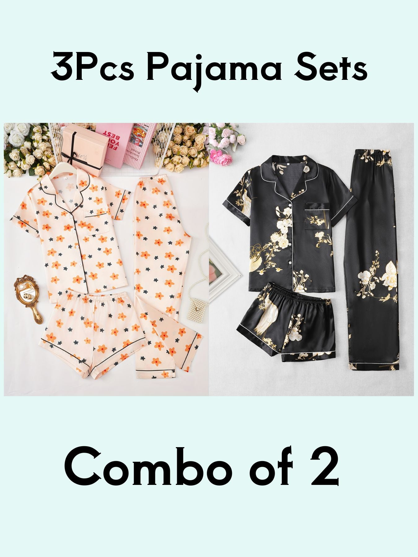 Floral & Bird Print Print 3Pcs PJ Set ( Combo of 2)