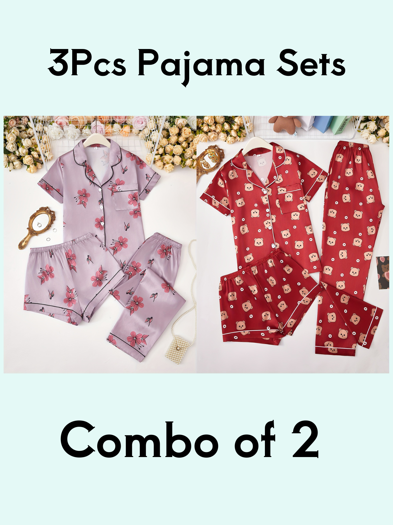 Cherry Blossom & Beer Print 3Pcs PJ Set ( Combo of 2)