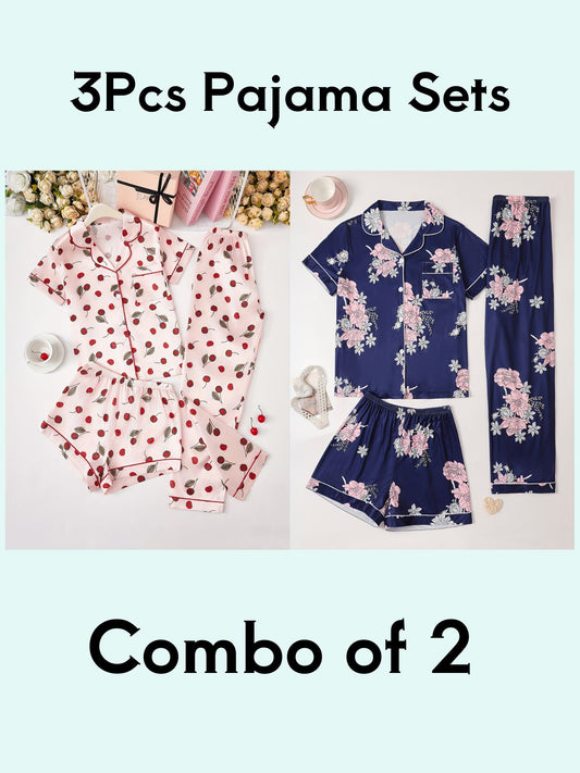 Cherry Blossom & Floral Print 3Pcs PJ Set ( Combo of 2)