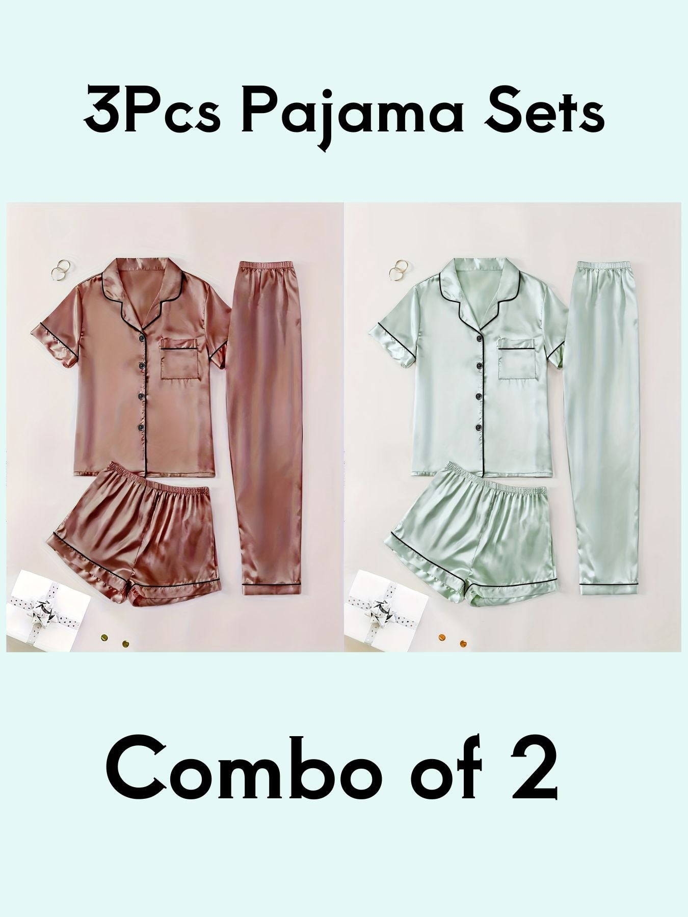 Cozy Solid Light Green & Coffee 3Pcs PJ Set ( Combo of 2)