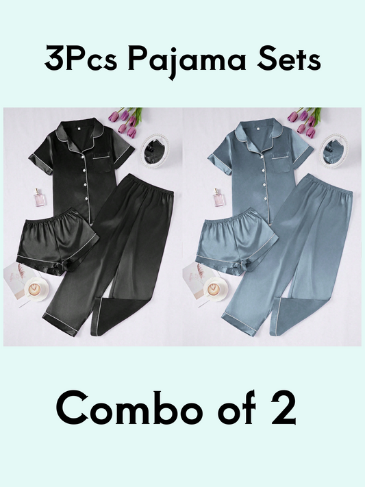 Cozy Solid Grey & Black 3Pcs PJ Set ( Combo of 2)