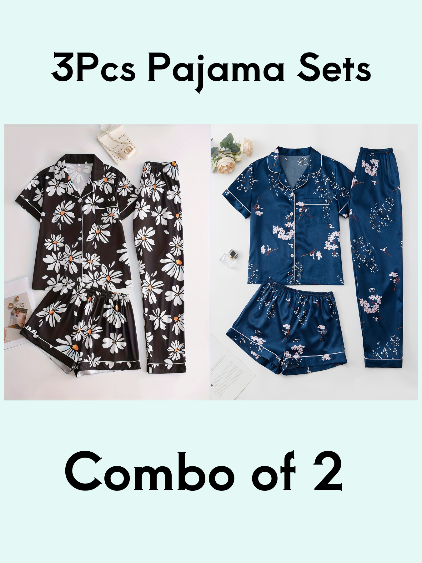 Daisy and Floral Print 3Pcs PJ Set ( Combo of 2)