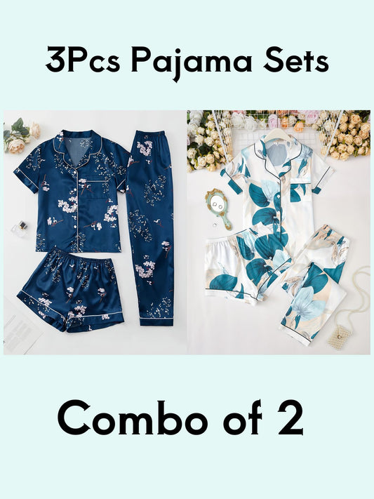 Leaf & Floral Print 3Pcs PJ Set ( Combo of 2)