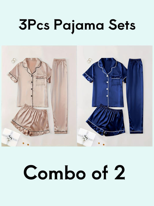 Cozy Solid Navy & Champagne 3Pcs PJ Set ( Combo of 2)