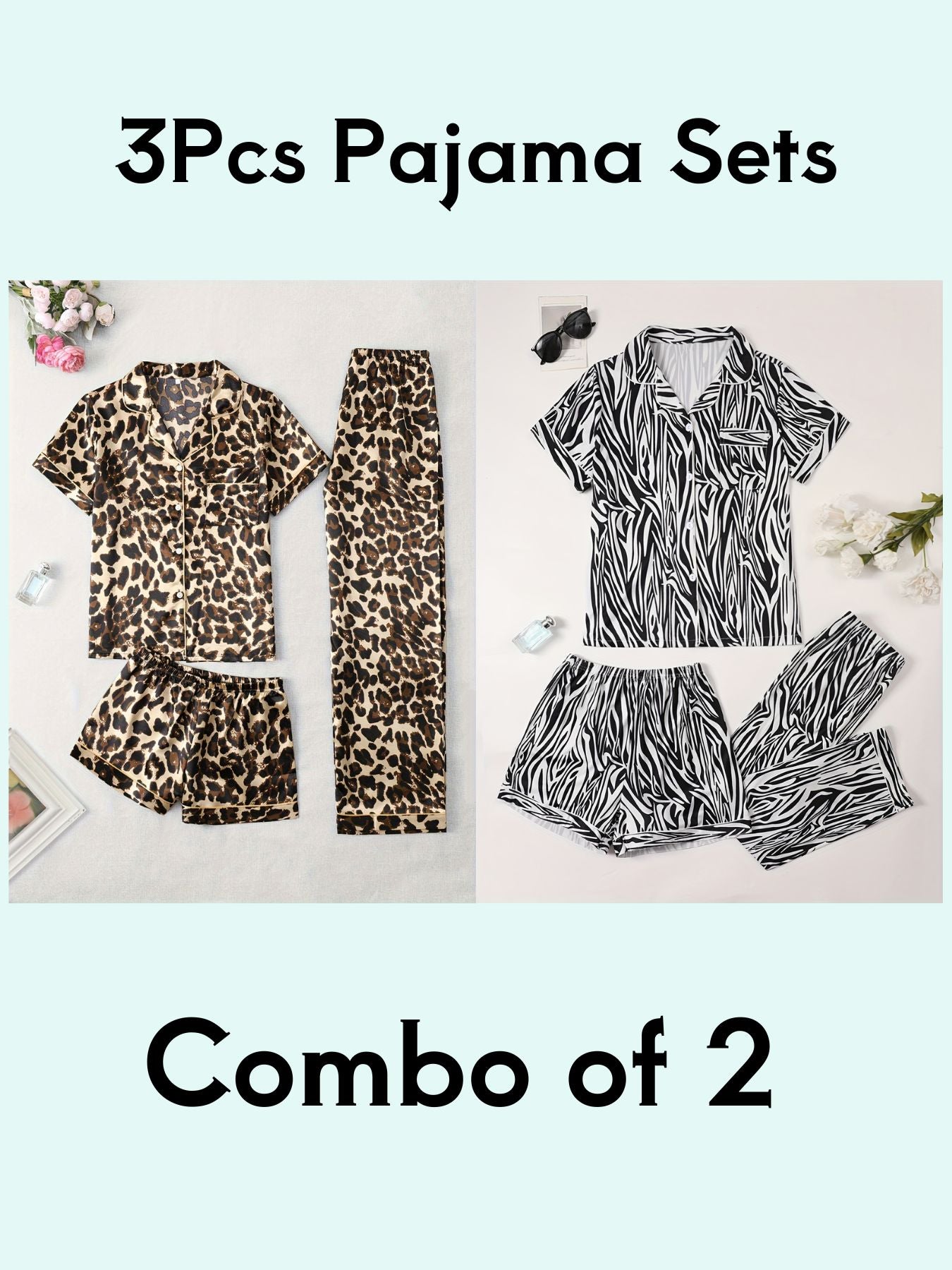 Leopard & Zebra Print 3Pcs PJ Set ( Combo of 2)