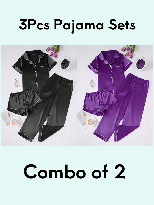 Cozy Solid Purple & Black 3Pcs PJ Set ( Combo of 2)