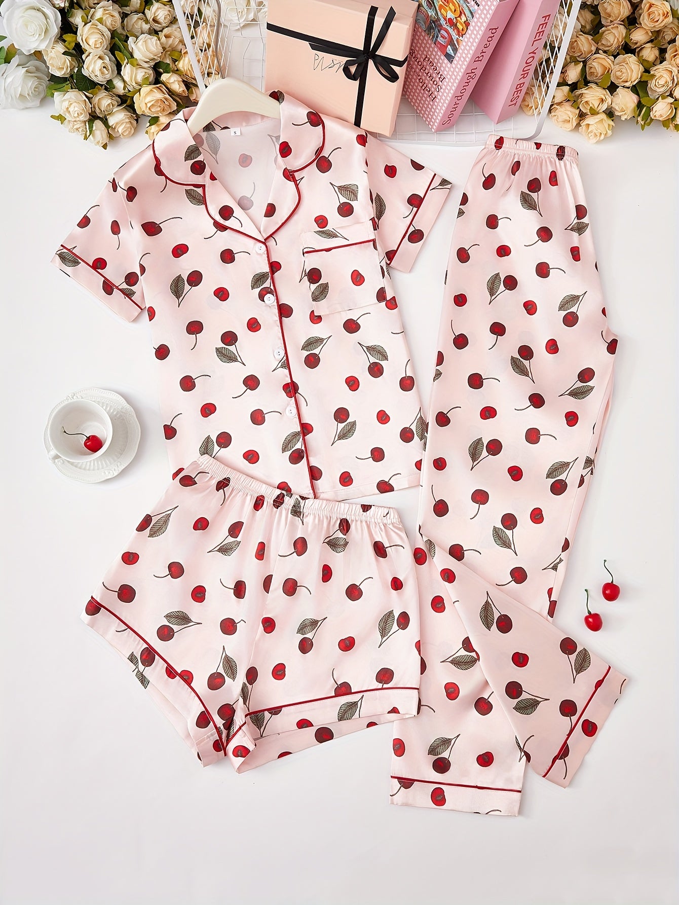 Cherry Blossom & Floral Print 3Pcs PJ Set ( Combo of 2)