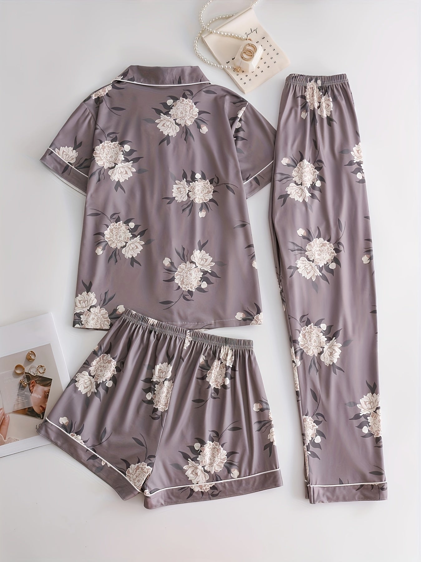 Chic Floral & Bear Plaid Print 3Pcs PJ Set ( Combo of 2)