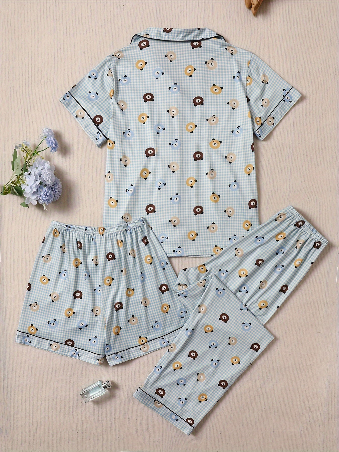 Chic Floral & Bear Plaid Print 3Pcs PJ Set ( Combo of 2)