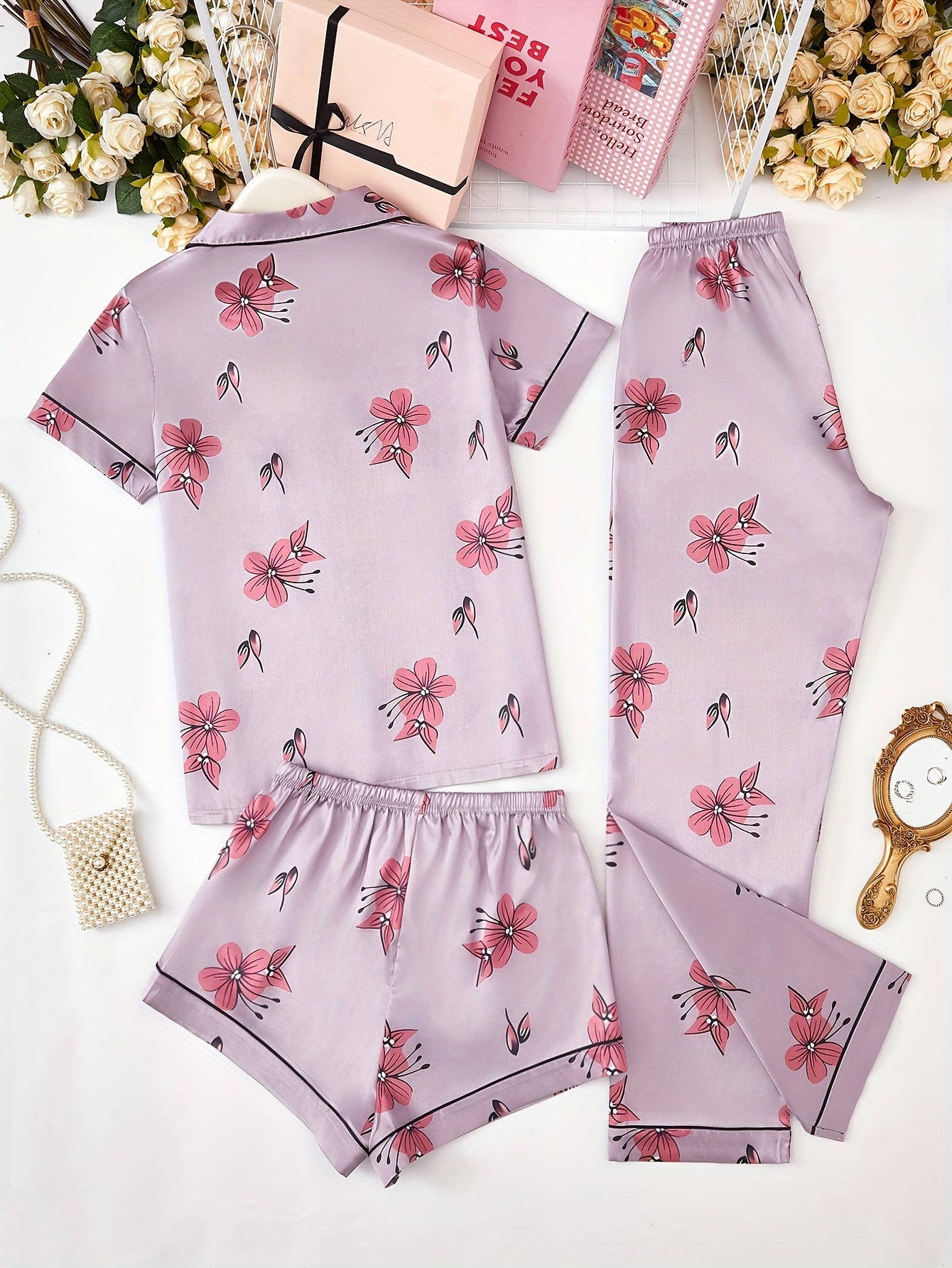 Cherry Blossom & Beer Print 3Pcs PJ Set ( Combo of 2)